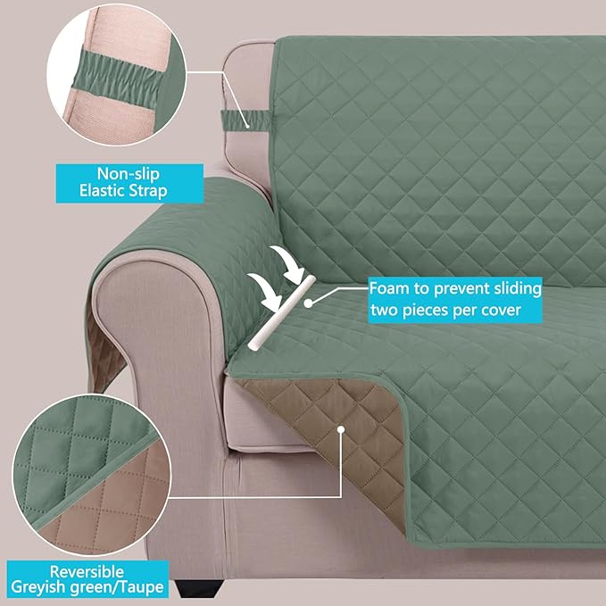 U-NICE HOME Reversible Sofa Cover Couch Cover for Dogs with Elastic Straps Water Resistant Furniture Protector for Pets Couch Cover for 3 Cushion Couch (Sofa, Greyish Green/Taupe)