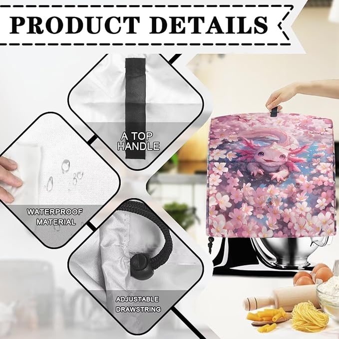 Axolotl Cherry Blossom Stand Mixer Covers Pink Kitchen Decoration Kitchen Aid Mixer Cover Dust Cover with Pockets and Handle Kitchen Accessories Mixer Covers