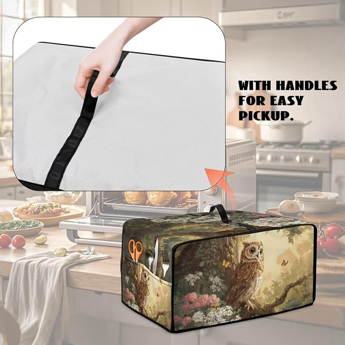Owl Floral Tree Butterfly Print Microwave Oven Dust Cover Heavy Duty Microwave Oven Cover with Storage Pockets Foldable Dust-Proof Decor Accessories for Kitchen, S