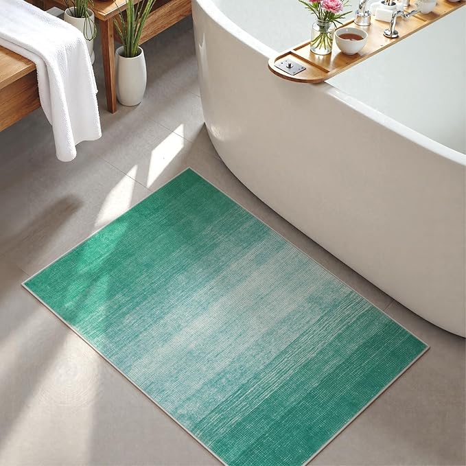 Wonnitar Modern Ombre Small 2x3 Rug, Washable Teal Kitchen Sink Rugs, Non-Slip Abstract Soft Bathroom Throw Mat, Non-Shedding Gradient Indoor Accent Carpet for Bedside Bath Bedroom (Teal, 2'x3')