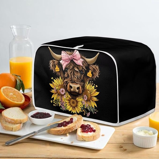 ZFRXIGN Sunflower Cow Toaster Cover 4 Slice Small Appliance Covers Kitchen Microwave Oven Dust Cover Case Protector Western Highland Cattle Toaster Covers Home Decorations Black