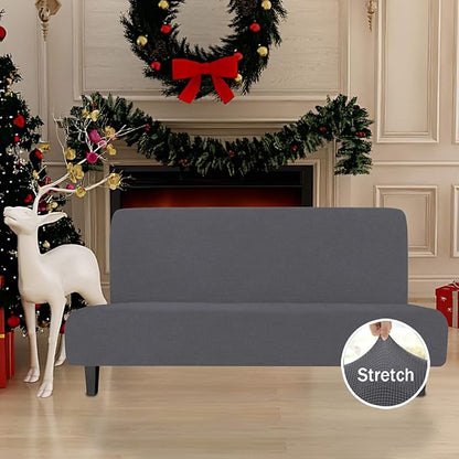 Easy-Going Stretch Futon Slipcover Armless Futon Bed Cover Furniture Protector Without Armrests with Elastic Bottom for Kids, Soft Jacquard Fabric Small Checks (Large, Grey)
