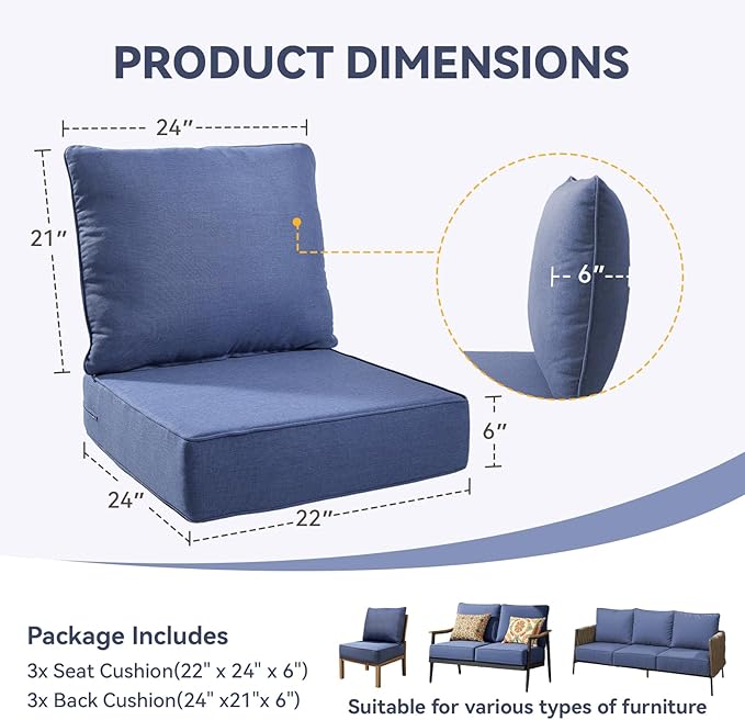 Outdoor Cushion Set for Furniture Patio Furniture, UV Resistant, Water Resistant - 6 Inch Thick Foam Garden Cushions– 22x24 Inch Patio Seat Covers for Chair/Sofa/Couch | Blue | 3-Pack |