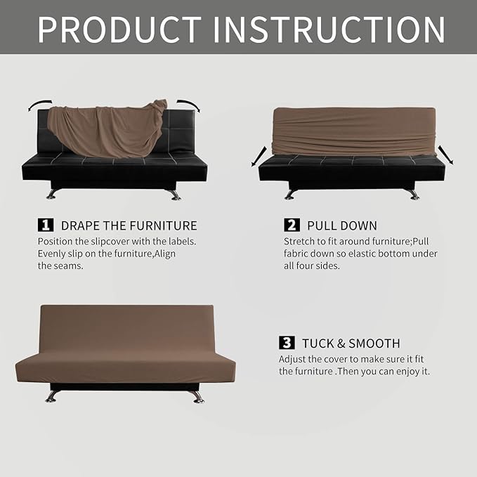 Easy-Going Stretch Futon Slipcover Armless Futon Bed Cover Furniture Protector Without Armrests with Elastic Bottom for Kids, Soft Jacquard Fabric Small Checks (Large, Brown)