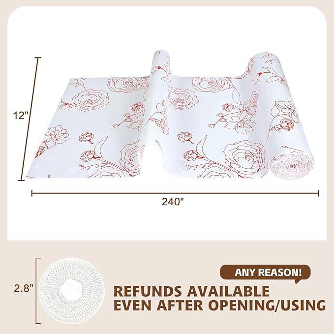 Shelf Liners for Kitchen Cabinets 12in x 20FT Non Adhesive Drawer Liner Red and White Floral Thickened Shelf Liner Paper Strong Non-Slip Easy to Clean for Tool Box with Knife and Tape Measure