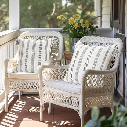 Smile Bee Boho Outdoor Couch Throw Pillow Covers Set of 2 Decorative Thick Woven Striped Accent Neutral Pillow Covers with Tassels for Bed Sofa Home Decor 18x18 Inch, Grey and Cream White