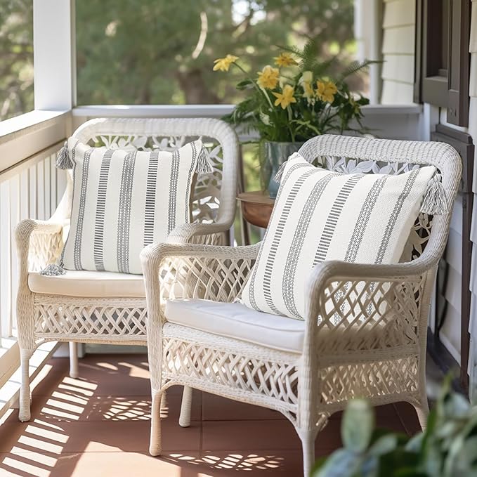 Smile Bee Boho Outdoor Couch Throw Pillow Covers Set of 2 Decorative Thick Woven Striped Accent Neutral Pillow Covers with Tassels for Bed Sofa Home Decor 20x20 Inch, Grey and Cream White