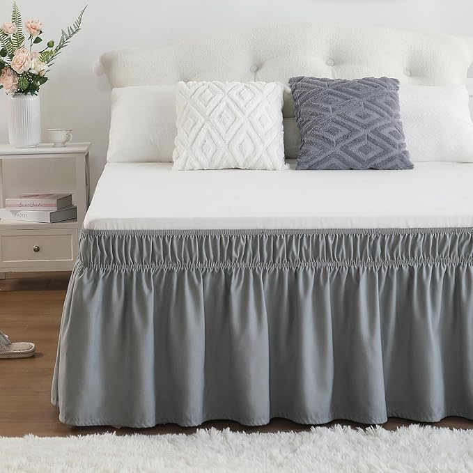 RIMELA Grey Queen Size Bed Skirt 15 Inch Drop,Elastic Bed Skirting, Light Gray Bedskirt for Adjustable Bed Base and Frame, Lightweight Wrap Around Dust Ruffle