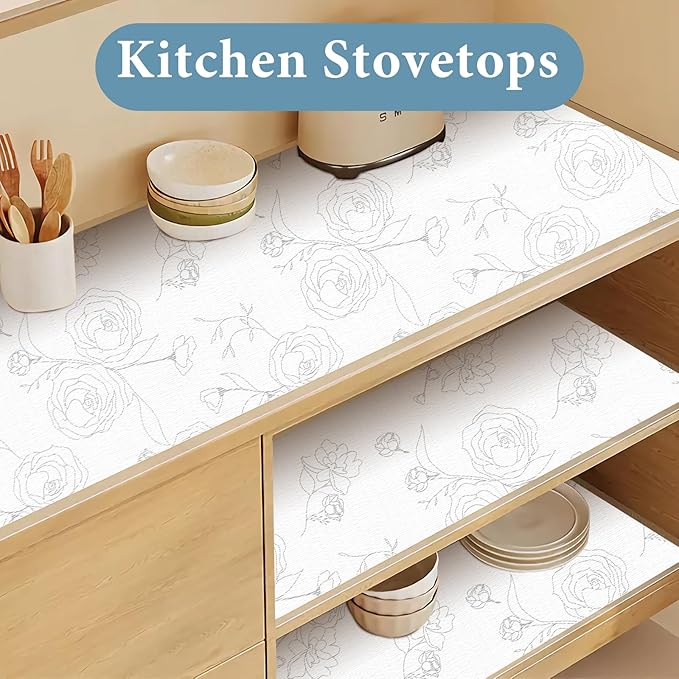 Shelf Liners for Kitchen Cabinets 17in x 30FT Non Adhesive Drawer Liner Sliver Floral Thickened Shelf Liner Paper Strong Non-Slip Easy to Clean for Tool Box Refrigerator with Knife and Tape Measure