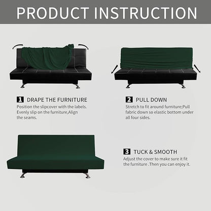 Easy-Going Stretch Futon Slipcover Armless Futon Bed Cover Furniture Protector Without Armrests with Elastic Bottom for Kids, Soft Jacquard Fabric Small Checks (Medium, Dark Green)