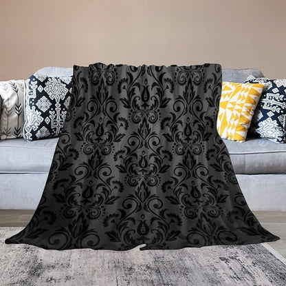 Black Damask Blanket, Antique Victorian Style Gothic Vintage Black Floral Bohemian Exotic Print Blanket for Sofa Bed Decor Fuzzy Blanket Twin, 30"x40"