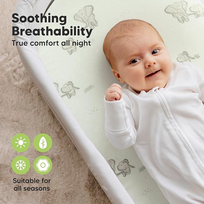 2-Pack Organic Bassinet Sheets for Girls, Boys - 100% Cotton Bassinet Mattress Sheets Compatible with Halo Bassinest Swivel Sleeper, Graco, Baby Delight, Chicco, Unisex Fitted Bassinet Sheets (Elly)