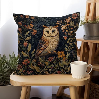 YOU FOUND ME William Morris Abstract Vintage Floral Velvet Owl Design Throw Pillow Covers Home Decor, Retro Art Deco Pillowcase Cushion Cover for Bed Sofa Living Room, Square 18x18inch (Brown-Owl)