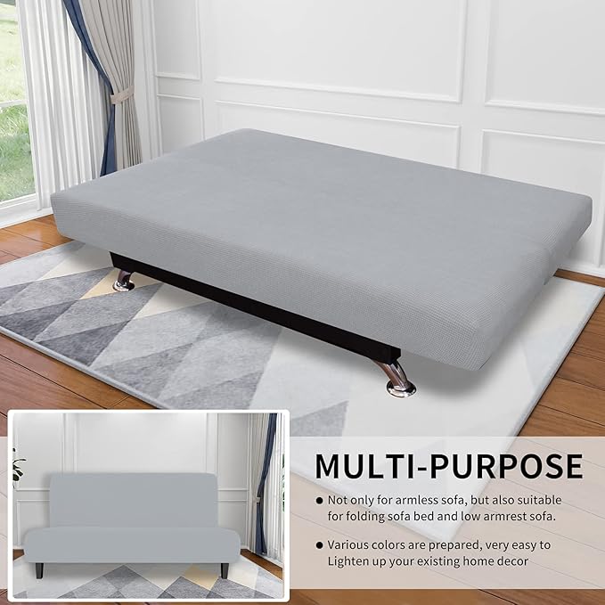 Easy-Going Stretch Futon Sofa Slipcover Armless Sofa Bed Cover Furniture Protector Without Armrests with Elastic Bottom for Kids,Soft Jacquard Fabric Small Checks（Medium Futon,Silver Gray