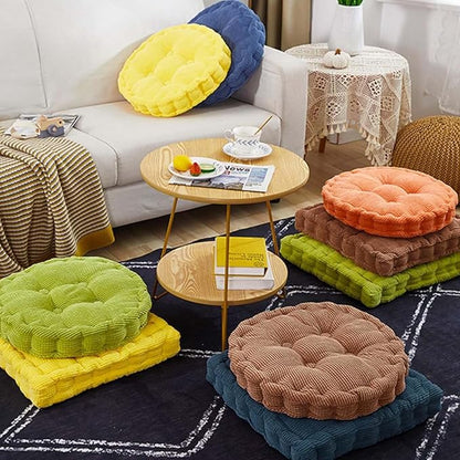 Meditation Floor Pillow Set of 2 Large Square and Round Floor Cushions for Adults Brown Corduroy Floor Seat Pillows Cushion for Living Room Balcony Tatami Yoga,18x18 Inch