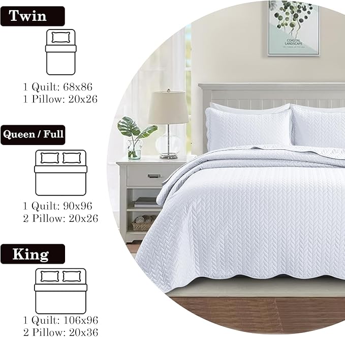 IR Imperial Rooms Twin Quilt Bedding Set Size (68” x 86”) + 1 Pillow Shams (20” x 26” + 2”) - 2 Pcs All Season Lightweight Reversible Microfiber Coverlet Embossed Quilt Bedspread (White)