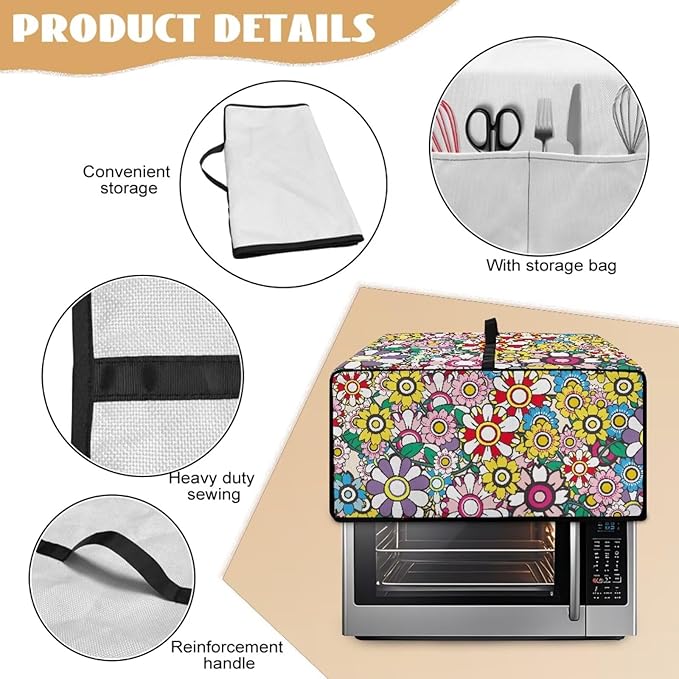 Convection Toaster Oven Dustproof Cover Countertop Air Fryer Toaster Oven Cover with Pockets, Small Appliances Protector, S, 14.5 x 18.5 x 9 Inch, Groovy Hippie Flower