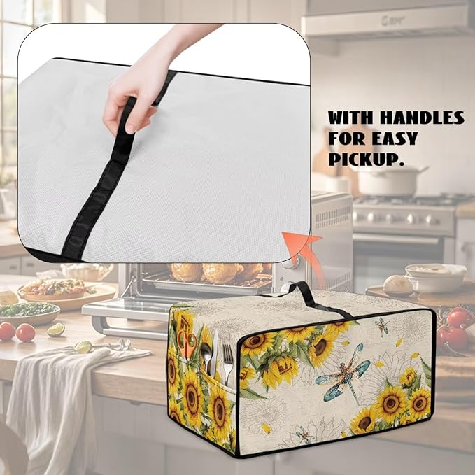 Dragonfly Sunflower Print Microwave Oven Cover Dust-Proof Microwave Toaster Oven Cover with Storage Bags Universal Washable Decor Accessories for Kitchen, S