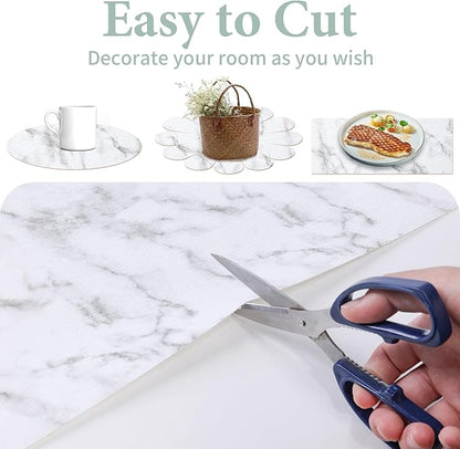 Drawer and Shelf Liner for Kitchen Cabinet: 12 in X 40 Ft Non Slip Waterproof Shelf Paper Non Adhesive Refrigerator Liners White Marble Easy Liners for Bathroom with Knife Tape Measure