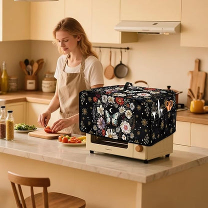 Convection Oven Cover with Pockets, Dust-Proof Protective Smart Oven Cover Small Appliances Protector Kitchen Decor, M, 16.5 x 20.5 x 10 Inches, Butterfly Daisy Moon Black