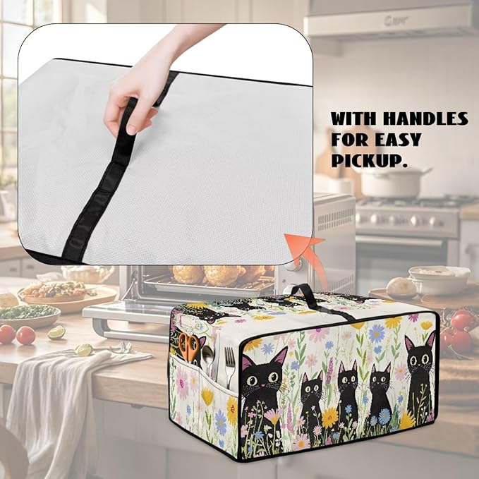 Countertop Microwave Oven Cover with Side Pockets, Dust Protection Small Appliance Toaster Ovens Dust Cover, L, 18.5 x 22.5 x 13 Inches, Cartoon Black Cat Daisy Flower
