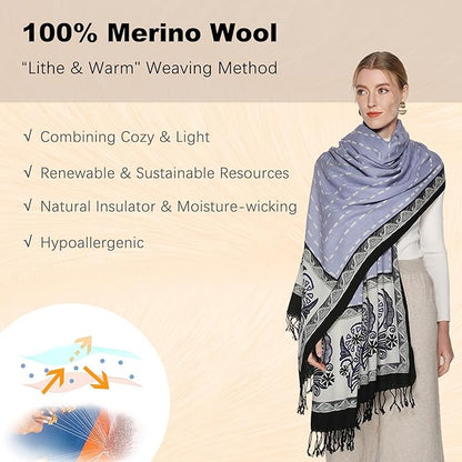 DANA XU 100% Merino Wool Pashmina Shawl for Women 96"x43", Oversized Cashmere Wrap with Tassels, Floral Travel Blanket Cape