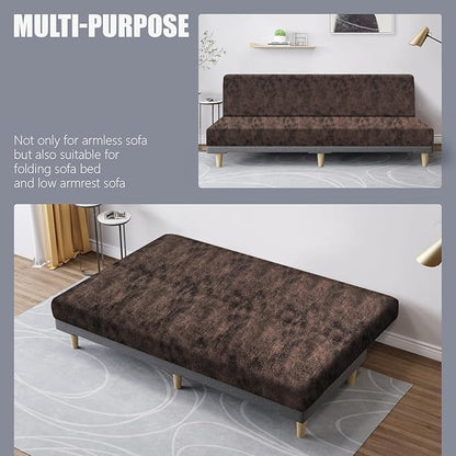 molasofa Leather Like Stretch Futon Slipcover Armless Futon Bed Sofa Cover Furniture Protector with Elastic Bottom, Soft and Washable Futon Cover for Sofa Bed Stay in Place（X Larger，Brown）