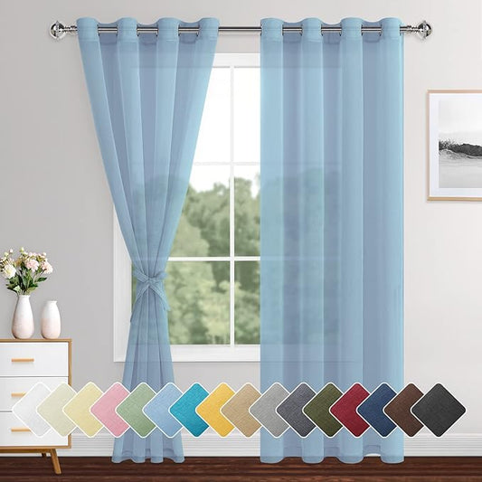 XWZO Sheer Curtains 84 Inches Long for Bedroom, Light Filtering Faux Linen Grommet Window Curtains for Living Room, Kids Room, Study with Tiebacks, Baby Blue, W52 x L90, Set of 2 Panels
