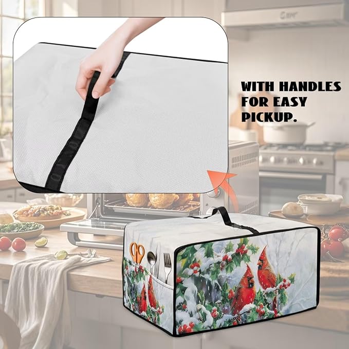 Christmas Microwave Oven Cover Air Fryer Toaster Oven Dust Cover with Accessory Pockets, Stain-resistant Small Electric Appliance Protector for Kitchen, L, Red Cardinal Bird Holly White