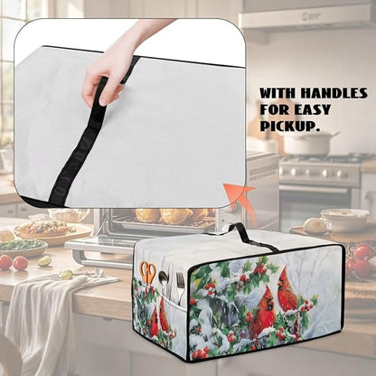 Christmas Microwave Oven Cover Air Fryer Toaster Oven Dust Cover with Accessory Pockets, Stain-resistant Small Electric Appliance Protector for Kitchen, L, Red Cardinal Bird Holly White