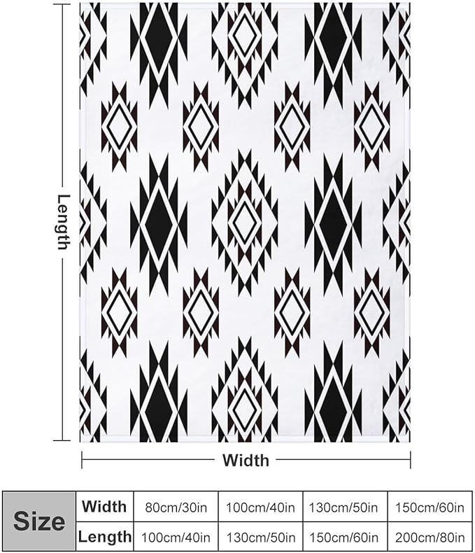 Boho Throw Blanket, Black and White Native Blankets, Vintage Tribal Aztec Printed Flannel Blanket for Chair Bed Sofa Couch 60"x80"