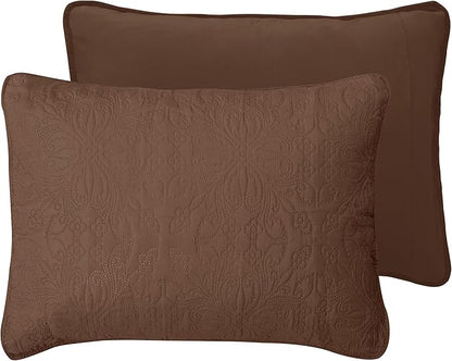 Easy-Going Full/Queen Size Reversible Quilt Set with 1 Quilt and 2 Pillow Shams, Soft Bed Quilt Cover, Water Resistant Lightweight Microfiber Bedspread, Stain Resistant, Damask-Brown/Beige