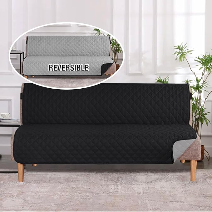 H.VERSAILTEX Reversible Futon Cover Water Repellent Armless Sofa Slipcover Washable Furniture Protector with Adjustable Elastic Strap Anti-Slip Futon Bed Cover for Dogs 70" Width Seat(Black/Grey)