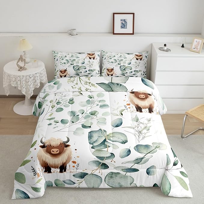 Erosebridal Boys Cartoon Animal King Size Comforter Set for Kids Toddler Kawaii Cow Bedding Set, Highland Cattle Bull Down Comforter Western Cowboy Bed Set, Botanical Green Eucalyptus Quilted Duvet
