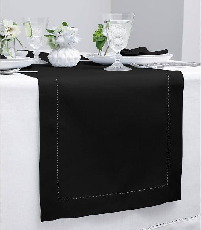 Solino Home Linen Black Table Runner 90 Inches Long - 100% Pure Linen Hemstitch 14 x 90 Inch Table Runner for Dining, Holiday, Christmas, New Year - Classic Hemstitch