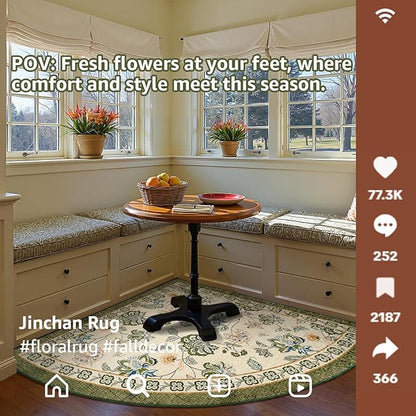 jinchan Elora Floral Corner Rug for Entryway Washable Rug Vintage Romance Christmas Design Non Slip Quarter Circle Lightweight Low-Pile Throw Carpet for Playroom Nook Nursery 4ft Radius, Green/Beige