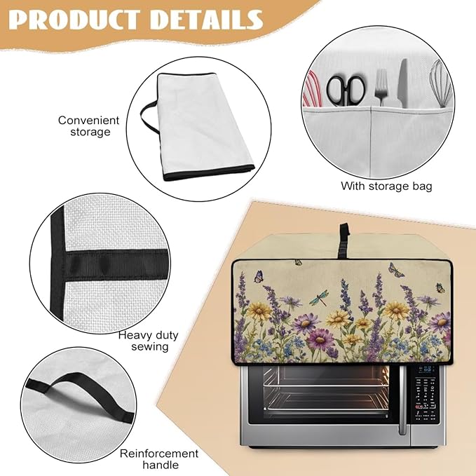 Convection Toaster Oven Cover with Side Pockets, Dust-Proof Smart Microwave Oven Protector for Countertop Decorations, L, Floral Butterfly Dragonfly