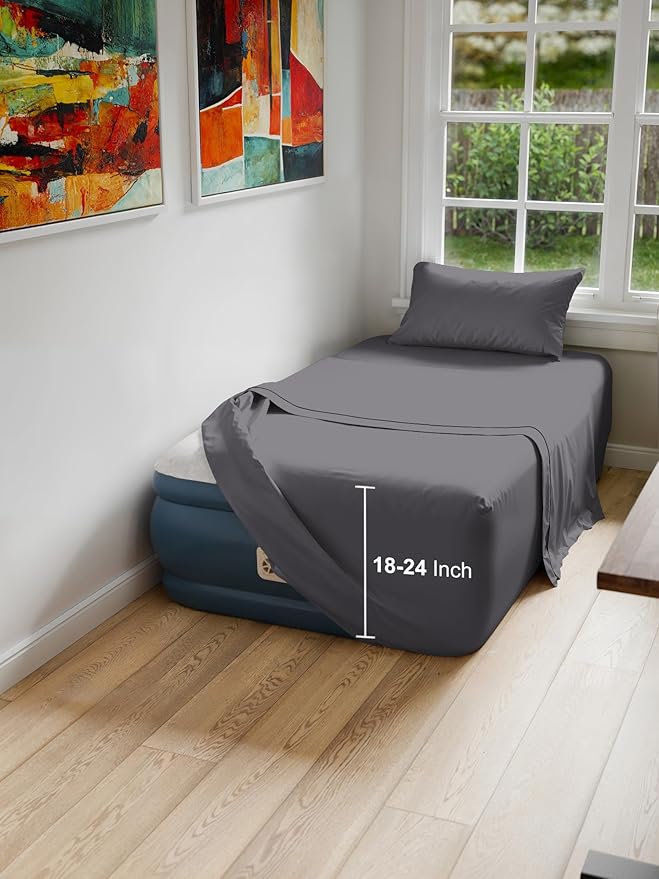 Air Mattress Sheet Set for Twin Size - 3 Piece Breathable & Cooling Sheets w/Extra Deep Pockets - Fits Inflatable & Blow Up Air Mattresses Up to 24 Inches Thick - Soft and Wrinkle Free - Dark Grey