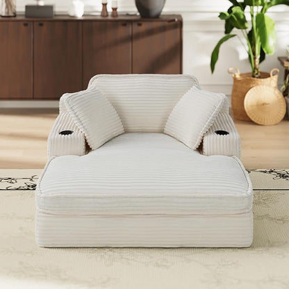 67" Chaise Lounge Chair Indoor, Cozy Oversized Fluffy Sofa with Cup Holders & Throw Pillows, Boneless Sleeper Cloud Couch for Living Room, Movie Room and Apartments, Beige