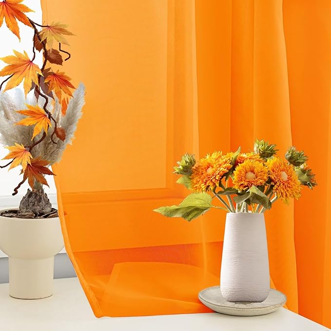 Sheer Curtains 54 Inches Long 2 Panels, Rod Pocket Short Curtain for Kitchen, Bedroom, Cafe Window(Orange 38" W x 54" L)