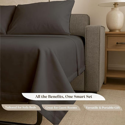 Sleeper Sofa Bed Sheet Set - Queen Size 4 PC's Sheet Set Sofa Bed Sheets - 100% Cotton 400 Thread Count Sofa Sheets - Sleeper Sofa Sheets - Fits Mattresses Up to 6" Drop - Dark Grey