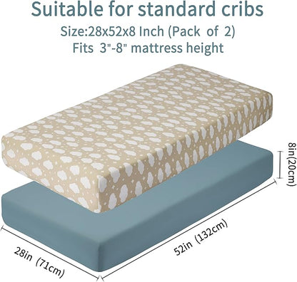 Baby Crib Sheets for Boys Girls, 2 Pack Fitted Crib Sheet for Standard Crib and Toddler Mattress, Soft Microfiber Baby Sheet 52x28x8in. (Clouds & Dark Green)