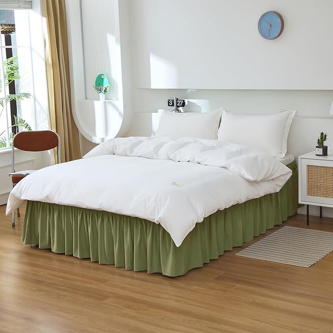 MEILA Queen Bed Skirt, Wrap Around Ruffle Bed Skit for Queen Beds with 24 inch Drop, Elastic Dust Ruffles Easy Fit Wrinkle & Fade Resistant, Sage