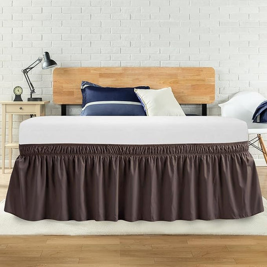 Full Bed Skirt, Elastic Wrap Around Bed Skirt Full Size, Bed Skirts for Adjustable Bed, Easy Fit with 14" Drop Length Tailored Drop Dust Ruffle (Brown)