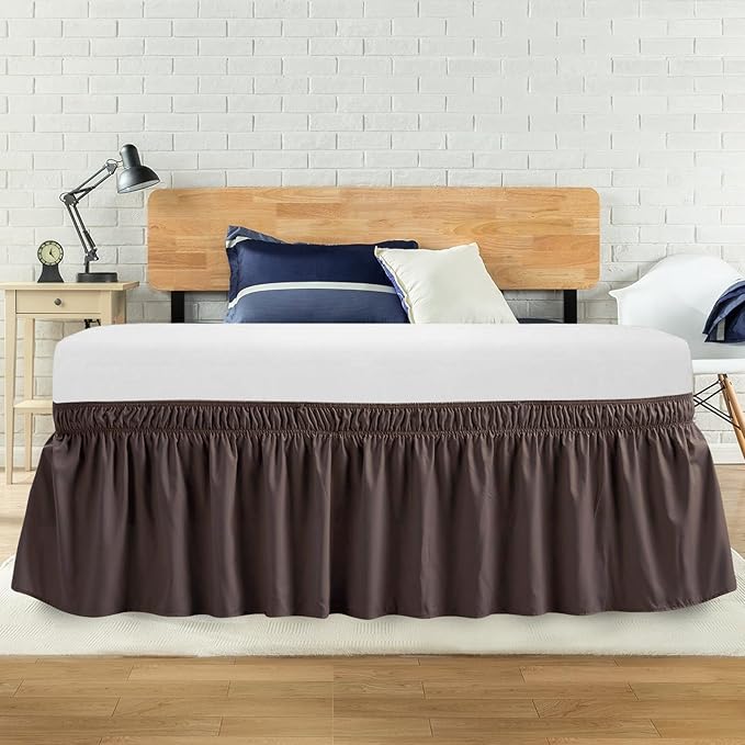 Queen Bed Skirt, Elastic Wrap Around Bed Skirt Queen Size, Bed Skirts for Adjustable Bed, Easy Fit with 14" Drop Length Tailored Drop Dust Ruffle (Brwon)