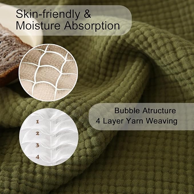 MorroMorn 100% Cotton Muslin Throw Blanket with Fringes 50"x60", 4-Layer Cotton Gauze Blankets for Adults, Boho Bedding Breathable Lightweight Ultra-Soft for Couch Bed Sofa All Seasons, Olive Green