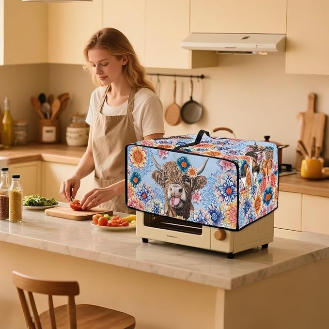 Microwave Oven Cover Heavy Duty Microwave Oven Dust Cover with Storage Pockets Dust-Proof Reusable Decor Accessories for Kitchen, Highland Cattle Boho Mandala Floral Print, L