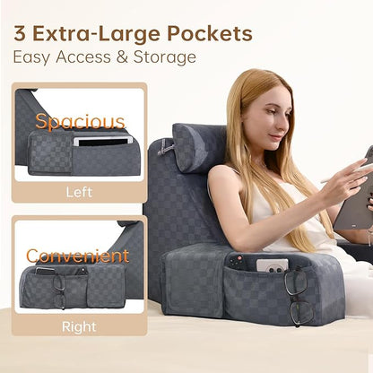 Vekkia Reading Pillow for Adults – Ergonomic 45° Wedge Back Support Chair for Sitting in Bed, XL Side Pockets, Perfect for Working, Gaming, Watching TV, Relaxing, or Recovery, Great Gift Idea, 19”