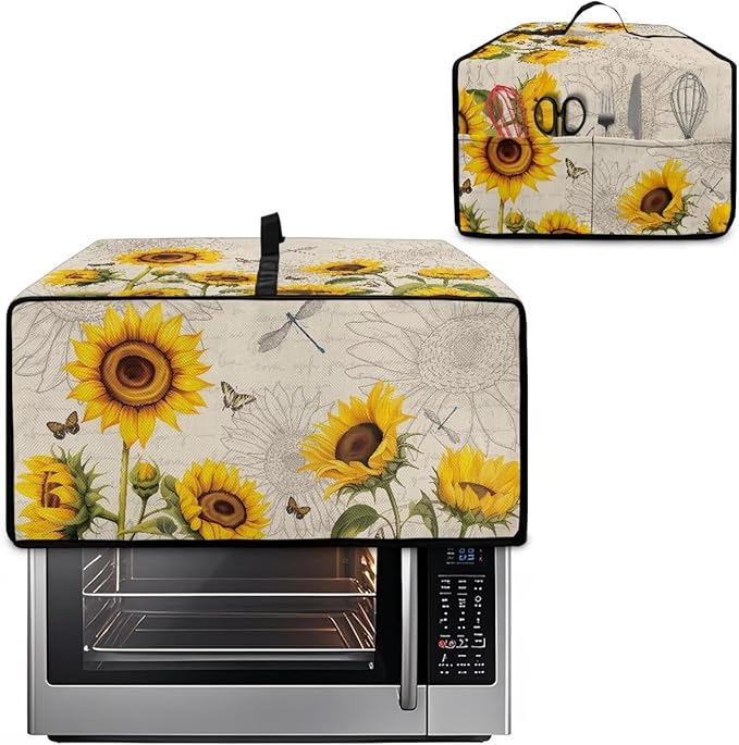 Microwave Oven Dust Cover Waterproof Toaster Oven Cover with Top Handle Dust-Proof Kitchen Appliance Protector Dirt and Fingerprint Protection, Sunflower Dragonfly Butterfly Letter Print, M