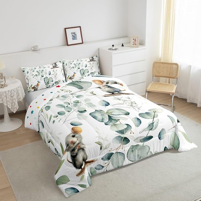 Erosebridal Kids Cute Animal Twin Comforter Set for Girls Boys Cartoon Mouse Bedding Set Twin, Spring Eucalyptus Bedding Comforter Sets Leaves Duvet Set, Kawaii Animal Mice Quilted Comforter